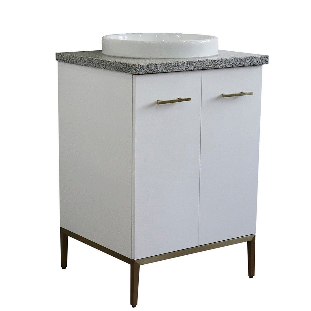 25" Single sink vanity in White finish with Gray granite and round sink