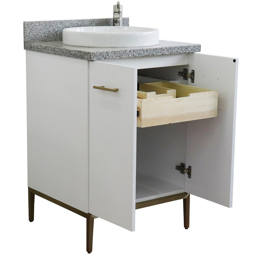 25" Single sink vanity in White finish with Gray granite and round sink