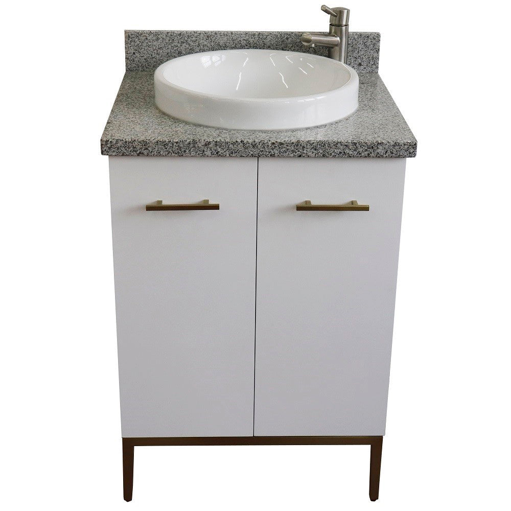 25" Single sink vanity in White finish with Gray granite and round sink