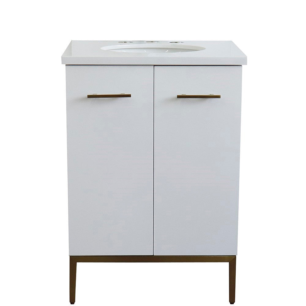 25" Single sink vanity in White finish with White engineered stone and oval sink