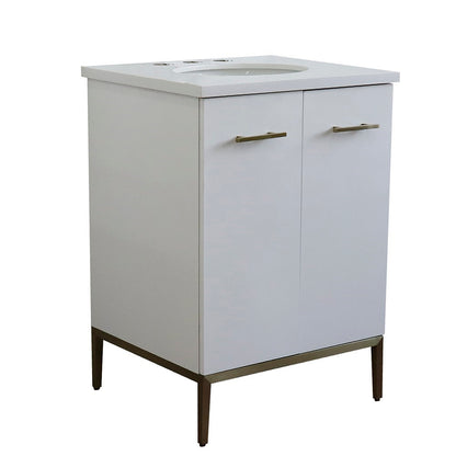 25" Single sink vanity in White finish with White engineered stone and oval sink