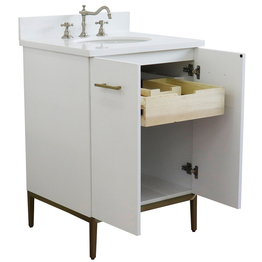 25" Single sink vanity in White finish with White engineered stone and oval sink