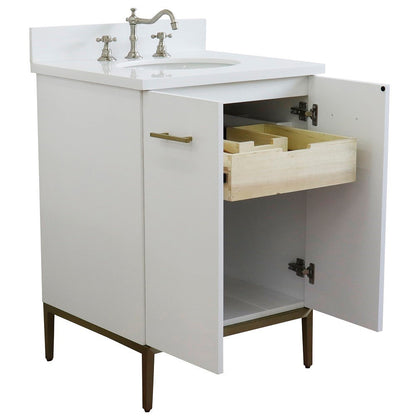 25" Single sink vanity in White finish with White engineered stone and oval sink