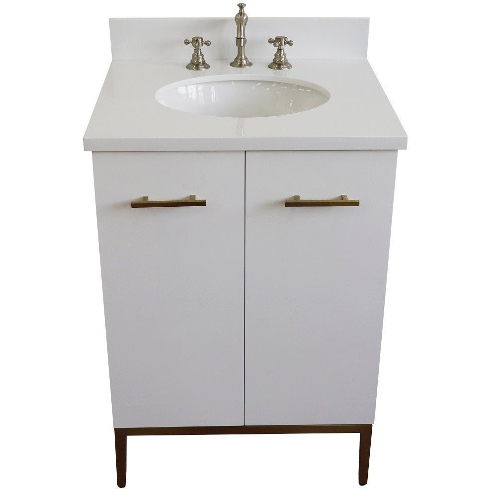 25" Single sink vanity in White finish with White engineered stone and oval sink