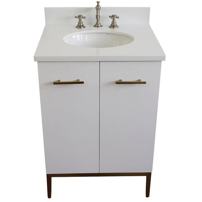25" Single sink vanity in White finish with White engineered stone and oval sink