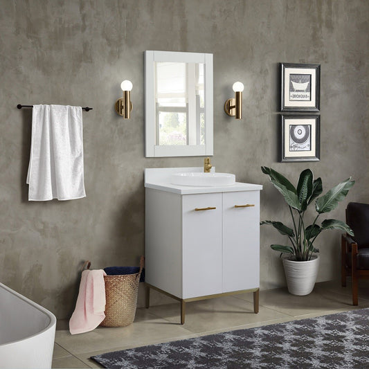 25" Single sink vanity in White finish with White engineered stone and round sink