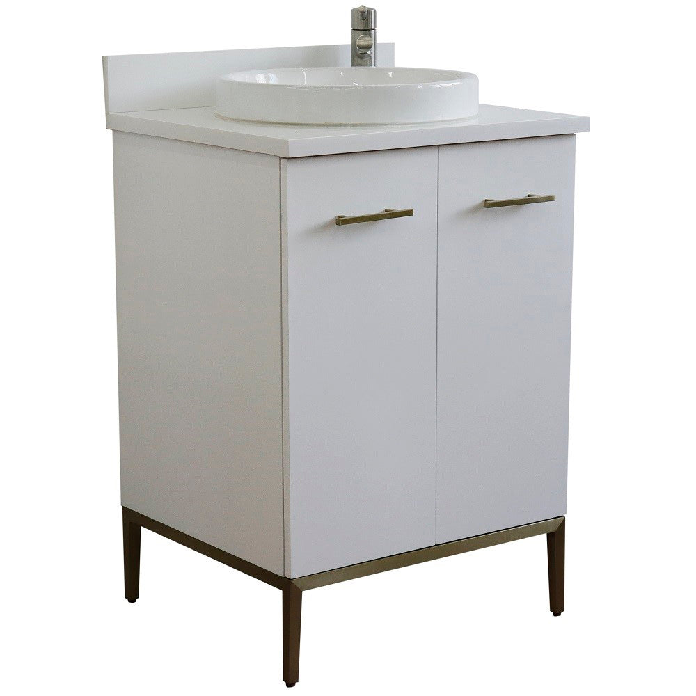 25" Single sink vanity in White finish with White engineered stone and round sink