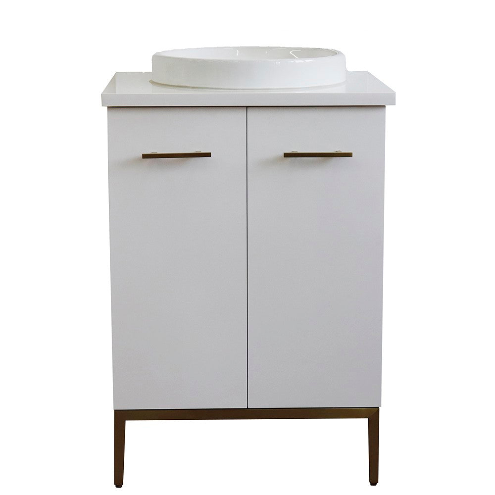 25" Single sink vanity in White finish with White engineered stone and round sink