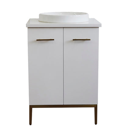 25" Single sink vanity in White finish with White engineered stone and round sink