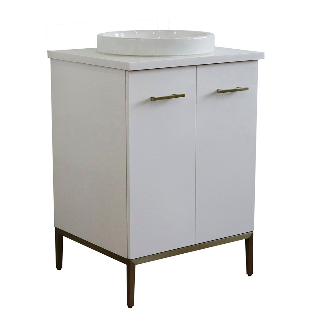 25" Single sink vanity in White finish with White engineered stone and round sink