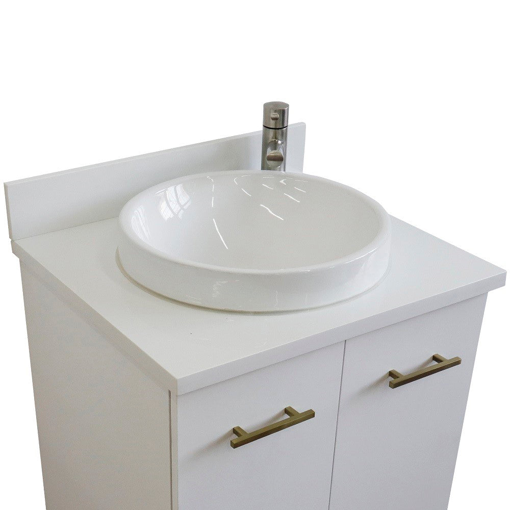 25" Single sink vanity in White finish with White engineered stone and round sink
