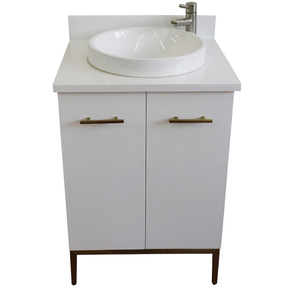 25" Single sink vanity in White finish with White engineered stone and round sink