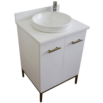 25" Single sink vanity in White finish with White engineered stone and round sink