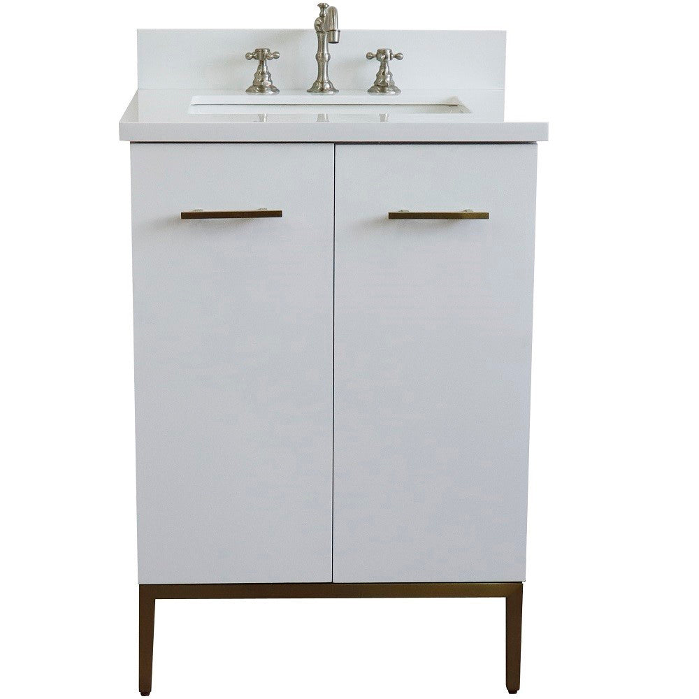 25" Single sink vanity in White finish with White engineered stone and rectangle sink