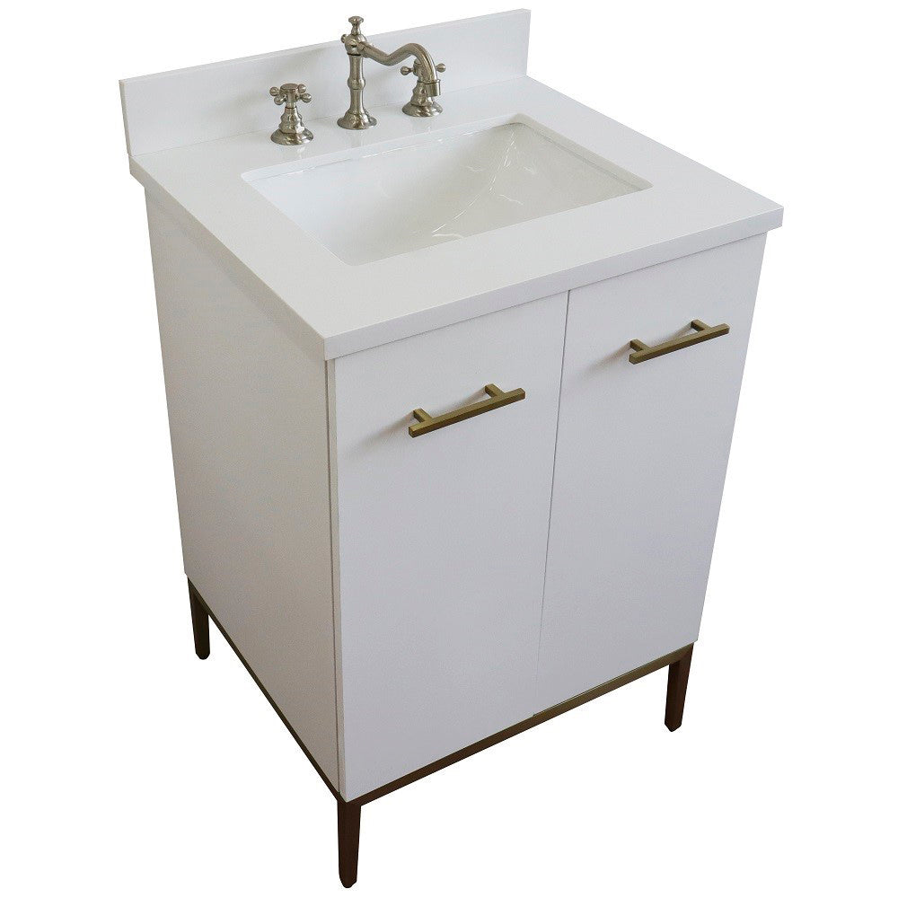 25" Single sink vanity in White finish with White engineered stone and rectangle sink