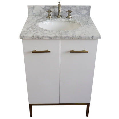 25" Single sink vanity in White finish with White Carrara marble and oval sink