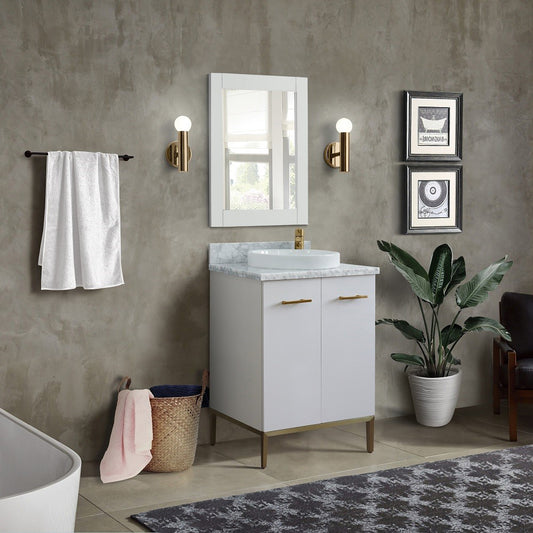 25" Single sink vanity in White finish with White Carrara marble and round sink