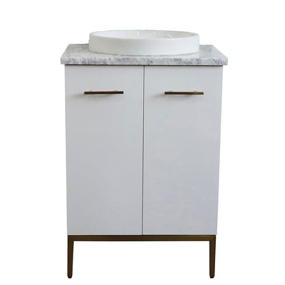 25" Single sink vanity in White finish with White Carrara marble and round sink