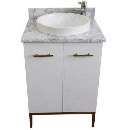 25" Single sink vanity in White finish with White Carrara marble and round sink