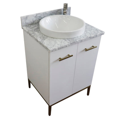 25" Single sink vanity in White finish with White Carrara marble and round sink