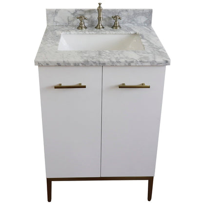 25" Single sink vanity in White finish with White Carrara marble and rectangle sink