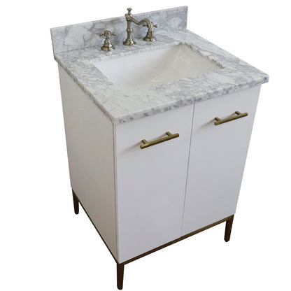 25" Single sink vanity in White finish with White Carrara marble and rectangle sink