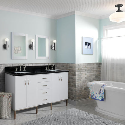 61" Double sink vanity in White finish with Black galaxy granite and rectangle sink