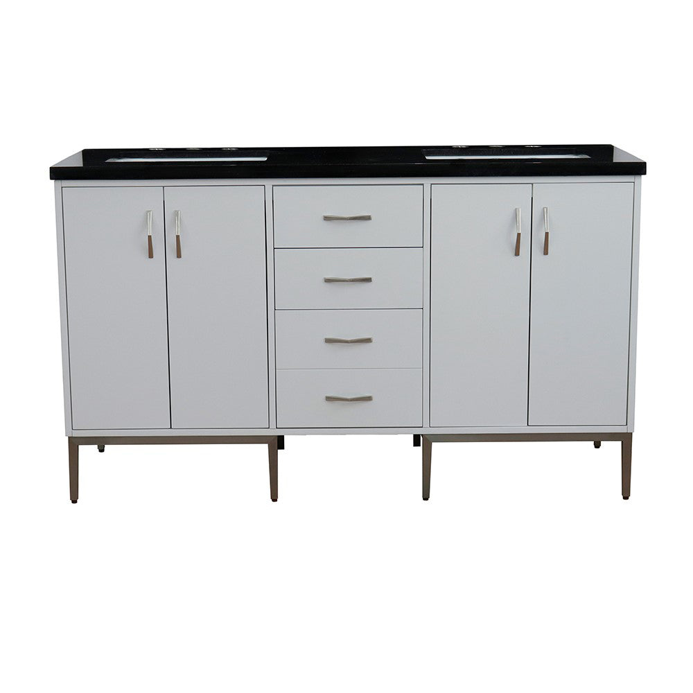 61" Double sink vanity in White finish with Black galaxy granite and rectangle sink