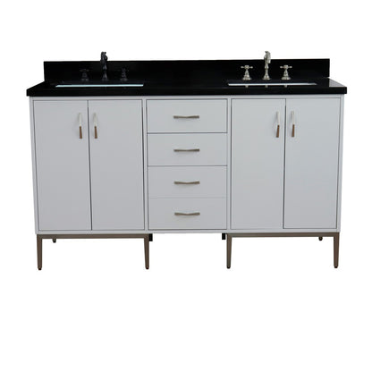 61" Double sink vanity in White finish with Black galaxy granite and rectangle sink