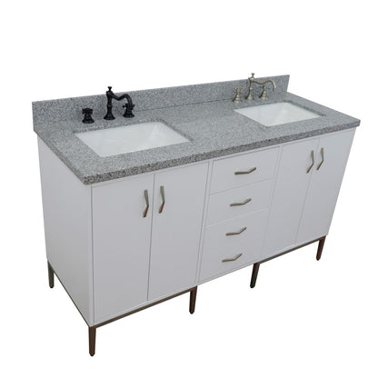 61" Double sink vanity in White finish with Gray granite and rectangle sink