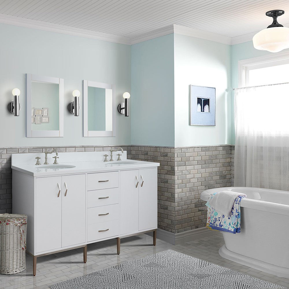 61" Double sink vanity in White finish with White engineered stone and oval sink