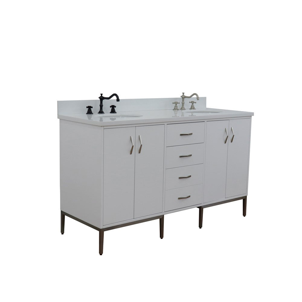 61" Double sink vanity in White finish with White engineered stone and oval sink