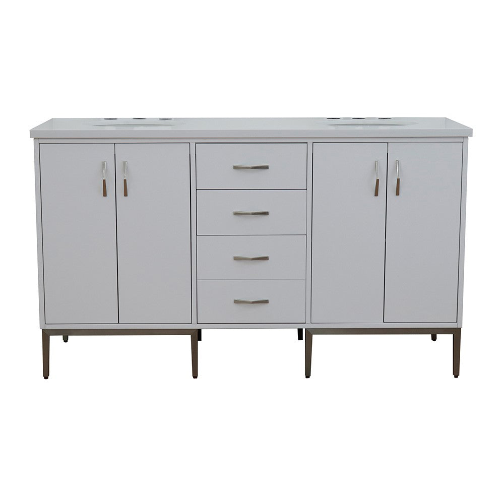 61" Double sink vanity in White finish with White engineered stone and oval sink