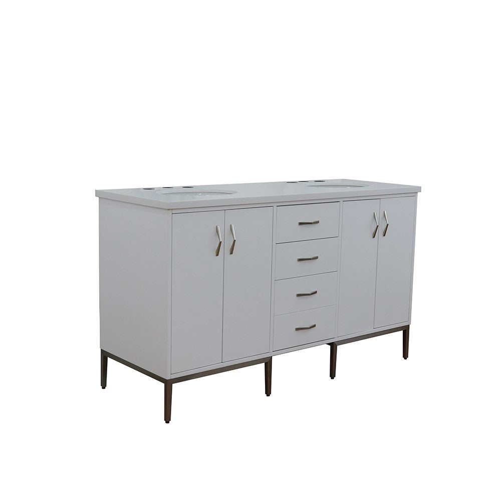 61" Double sink vanity in White finish with White engineered stone and oval sink