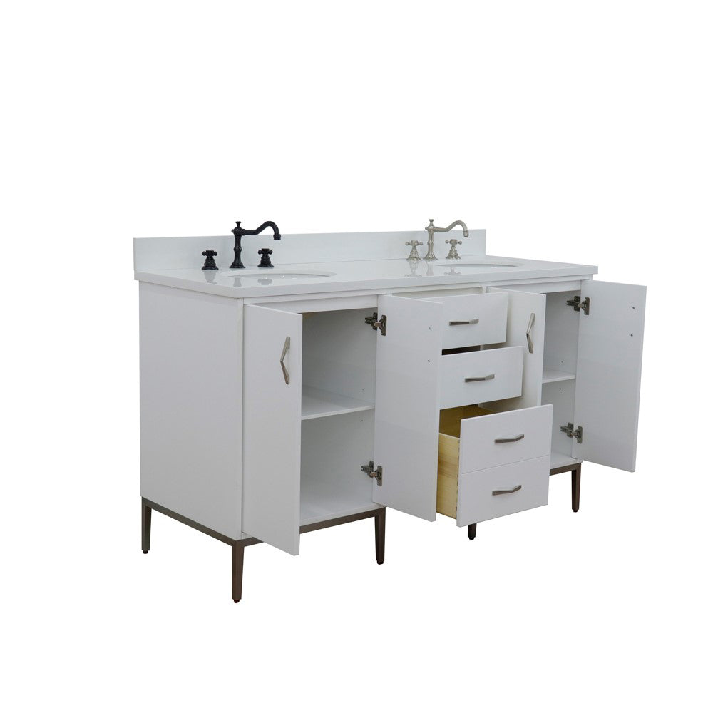 61" Double sink vanity in White finish with White engineered stone and oval sink