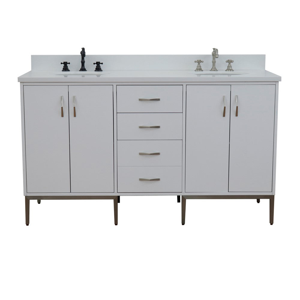 61" Double sink vanity in White finish with White engineered stone and oval sink