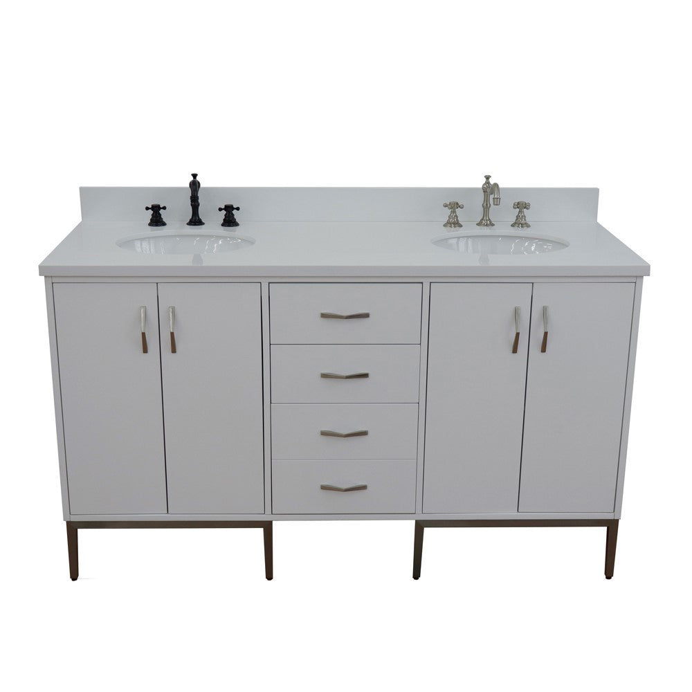 61" Double sink vanity in White finish with White engineered stone and oval sink