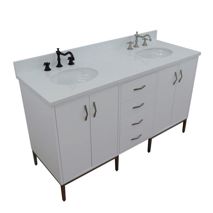 61" Double sink vanity in White finish with White engineered stone and oval sink