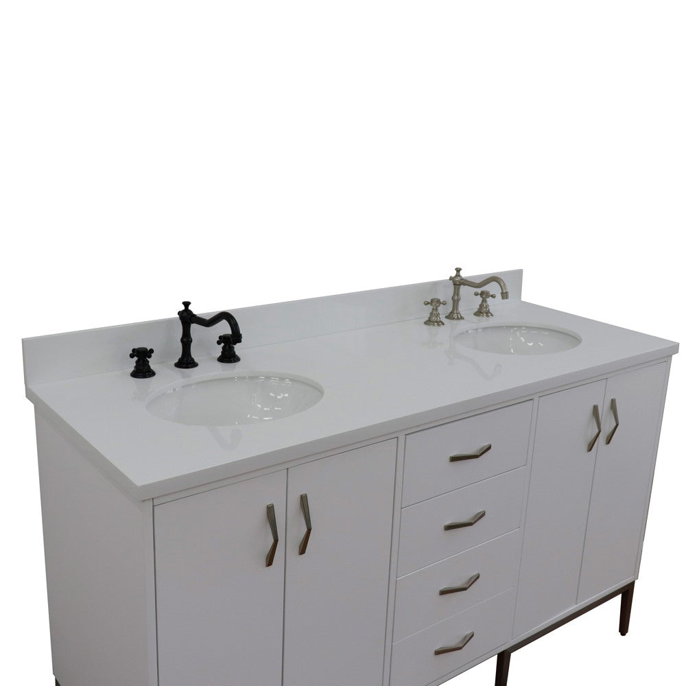 61" Double sink vanity in White finish with White engineered stone and oval sink