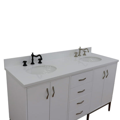 61" Double sink vanity in White finish with White engineered stone and oval sink