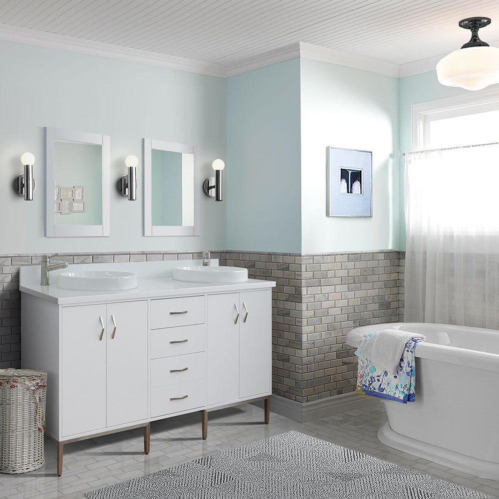 61" Double sink vanity in White finish with White engineered stone and round sink