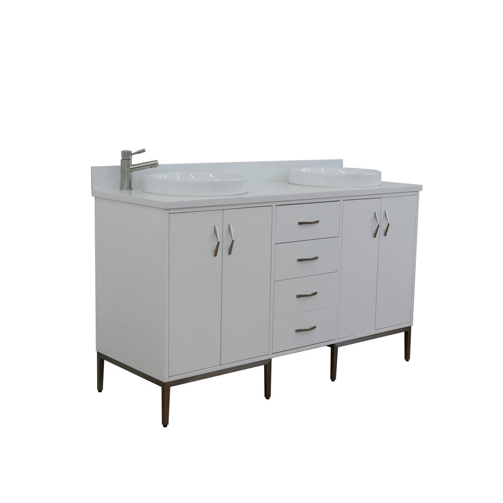 61" Double sink vanity in White finish with White engineered stone and round sink