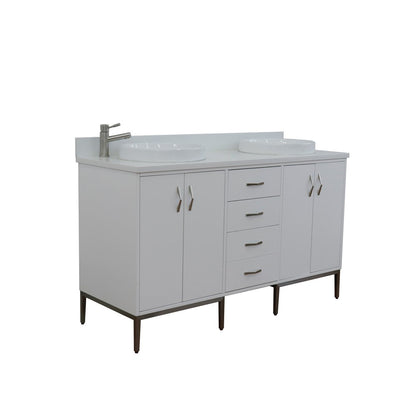 61" Double sink vanity in White finish with White engineered stone and round sink