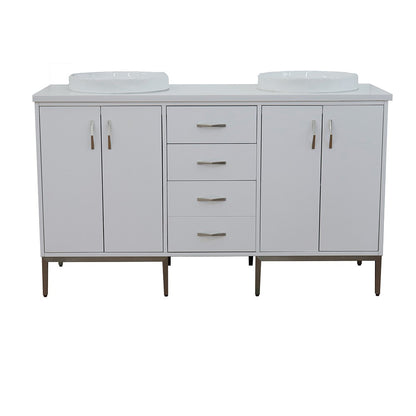 61" Double sink vanity in White finish with White engineered stone and round sink