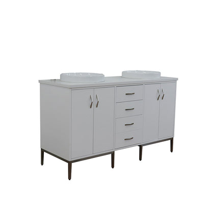 61" Double sink vanity in White finish with White engineered stone and round sink