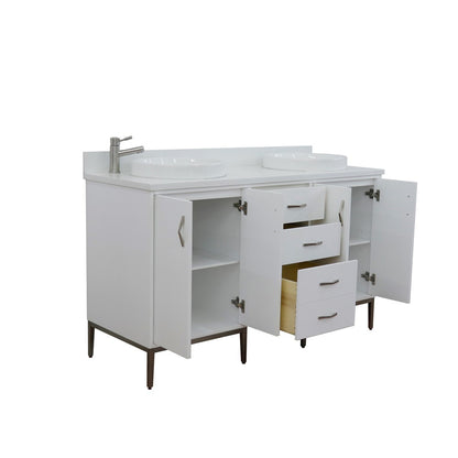 61" Double sink vanity in White finish with White engineered stone and round sink