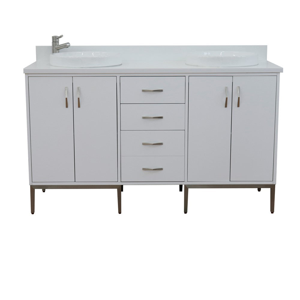 61" Double sink vanity in White finish with White engineered stone and round sink