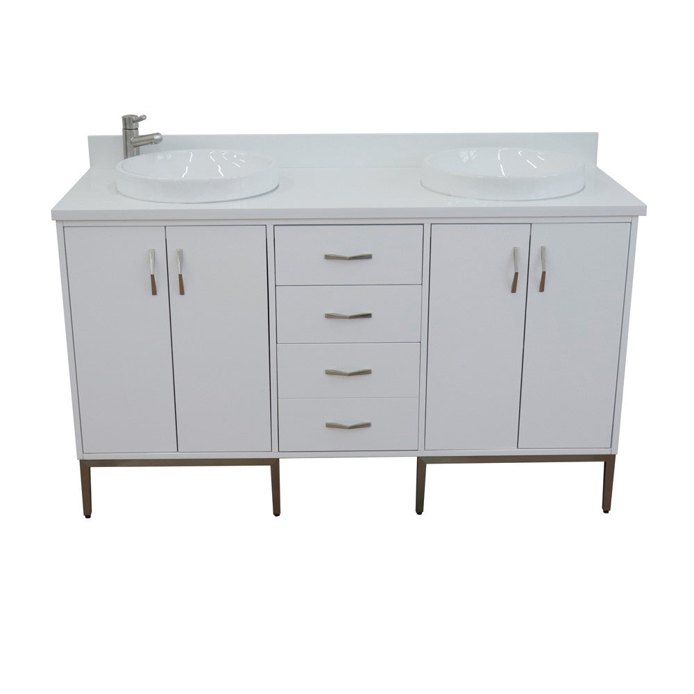 61" Double sink vanity in White finish with White engineered stone and round sink