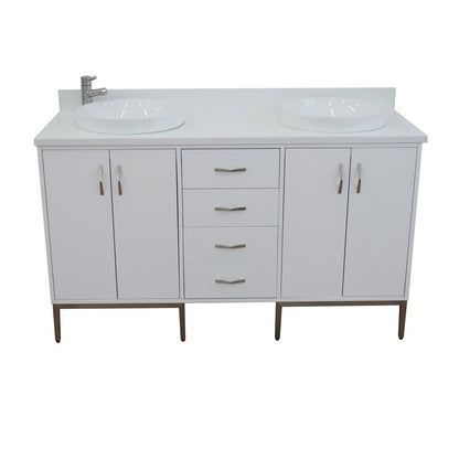 61" Double sink vanity in White finish with White engineered stone and round sink