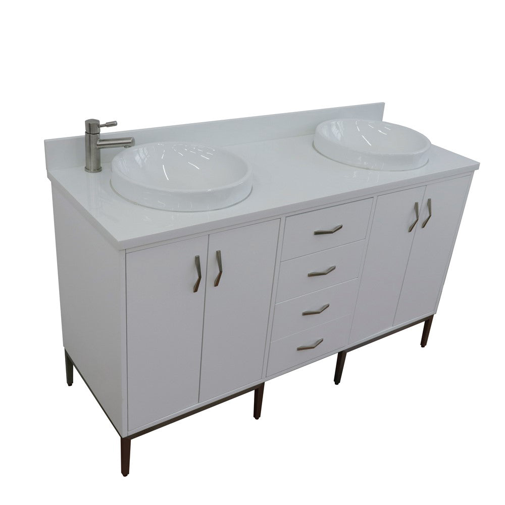 61" Double sink vanity in White finish with White engineered stone and round sink